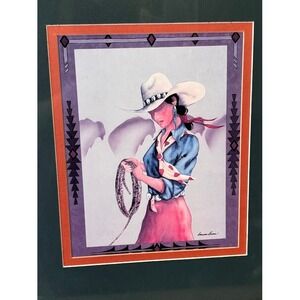 VTG Doreman Burns Signed Southwestern Cowgirl Art Print Framed Lasso Buffalo